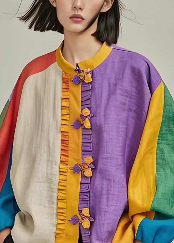 Loose Colorblock Ruffled Patchwork Cotton Coat Lantern Sleeve For Sale - Image 4