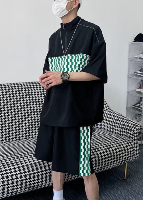 Cool Black Zip Up Plaid Cotton Mens Two Piece Set Summer on Sale - Image 4