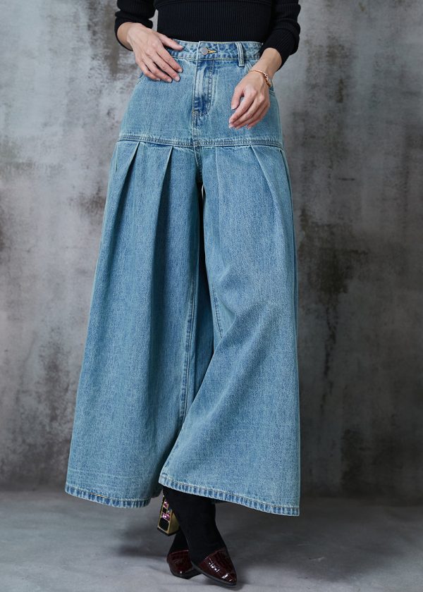 Elegant Blue High Waist Patchwork Denim Wide Leg Pant Skirts Summer Fashion - Image 3
