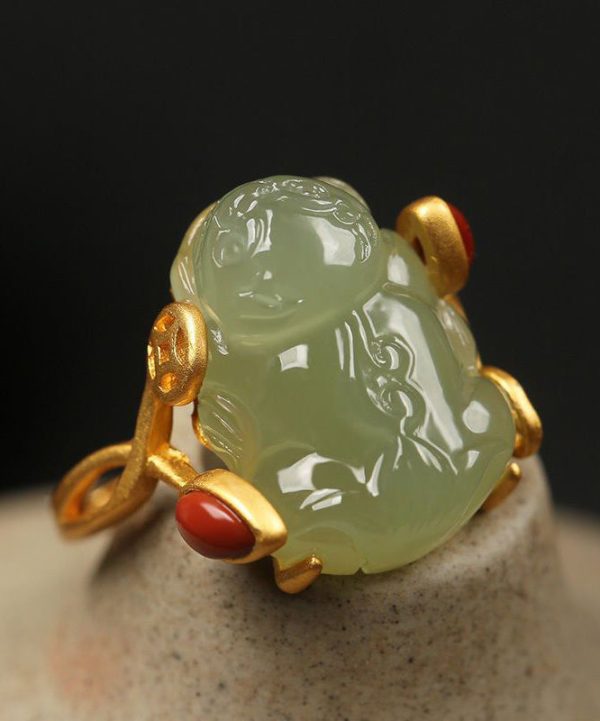 Classy Green Sterling Silver Overgild Jade A Mythical Wild Animal Rings Supply - Image 4
