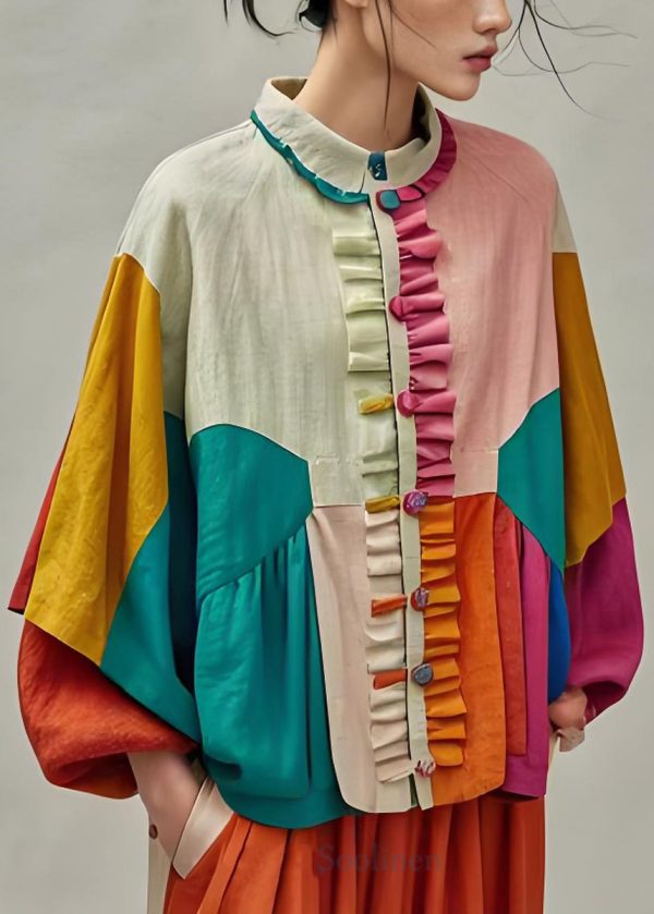 Boutique Colorblock Ruffled Patchwork Cotton Coat Lantern Sleeve Fashion - Image 2