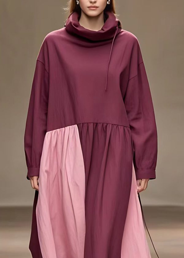 Boho Red Turtleneck Drawstring Maxi Dress Fall Online - Image 3