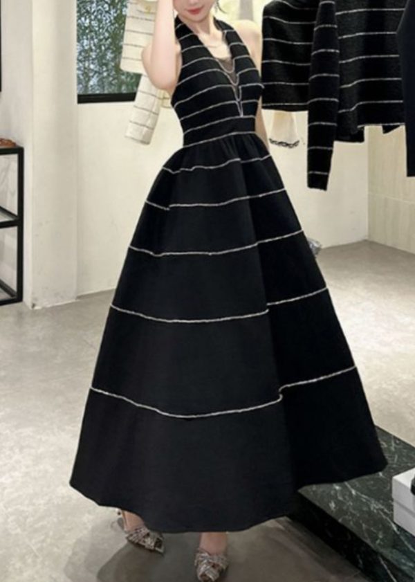 2025 New Black V Neck Striped Zircon Backless Vacation Long Dresses Summer Sale