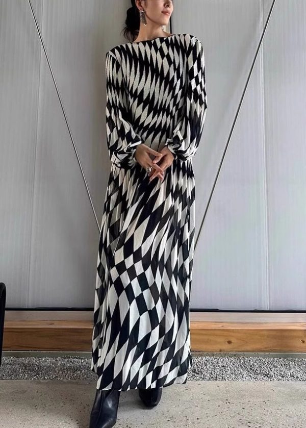 French Plaid O-Neck High Waist Chiffon Maxi Dresses Fall Online Hot Sale - Image 2