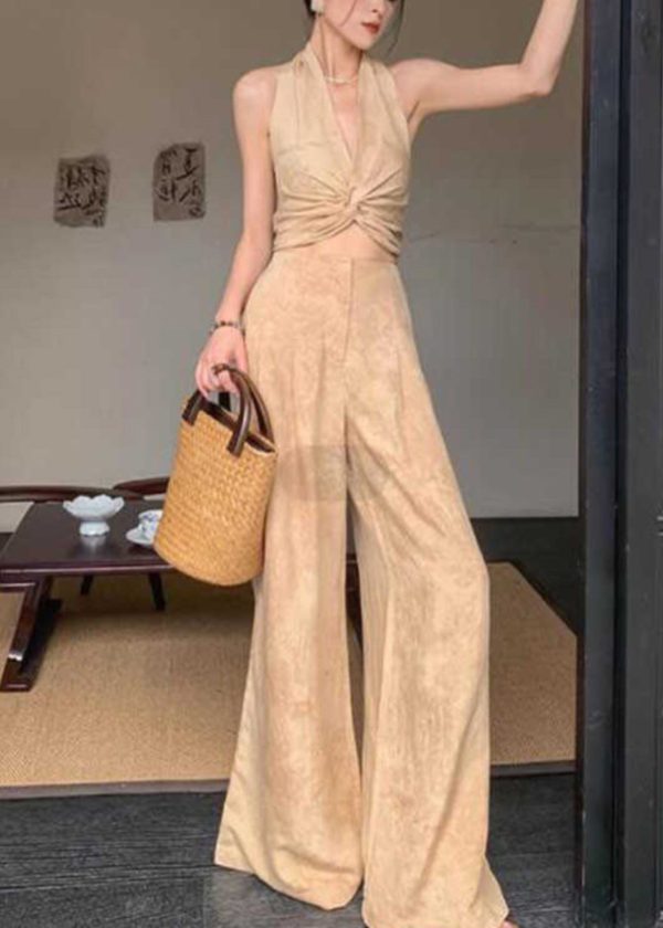 Original Design Halter Print Wrinkled Vest And Wide Leg Pants Two Pieces Set Sleeveless Online Sale