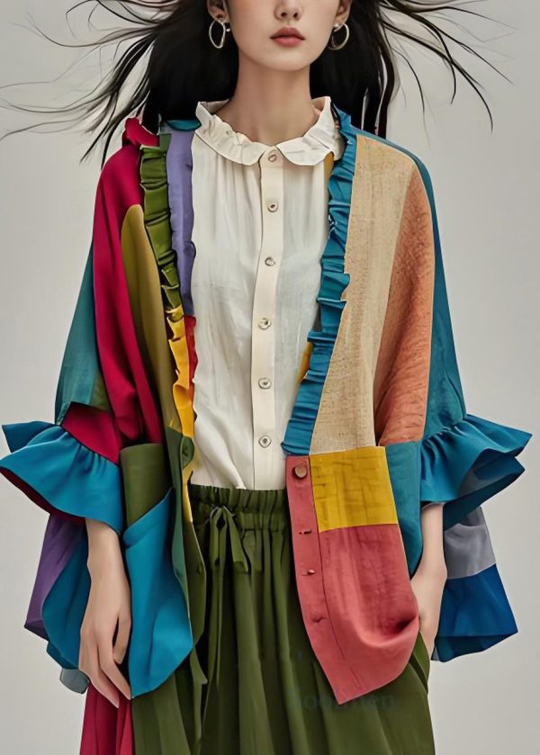 Plus Size Colorblock Ruffled Button Patchwork Cotton Cardigans Coats Fall Online now - Image 2