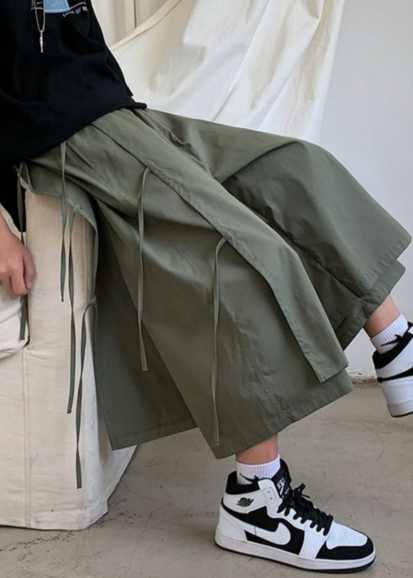 Army Green Pockets Patchwork Cotton Men Wide Leg Pants High Waist For Sale - Image 4