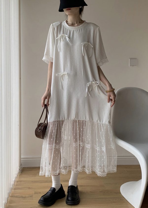 White Bow Tulle Patchwork Cotton Summer Long Dress O Neck Online - Image 2