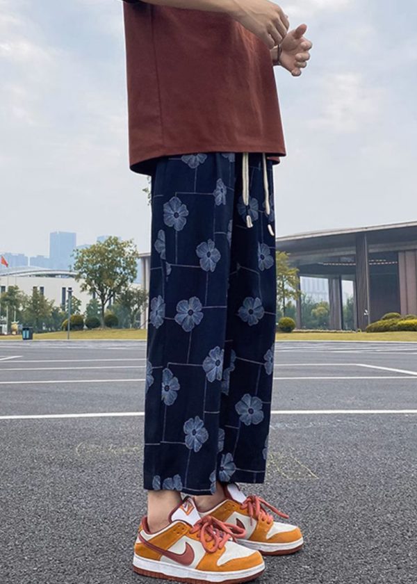 Black Pockets Lace Up Cotton Mens Crop Pants Elastic Waist Online Hot Sale - Image 3