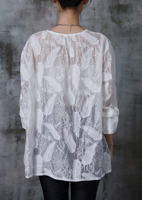 Style White Tasseled Feather Embroidered Silk Shirts Summer Online Sale - Image 4