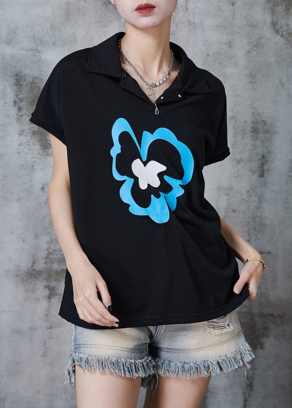 French Black Peter Pan Collar Print Cotton Top Summer Online now - Image 3