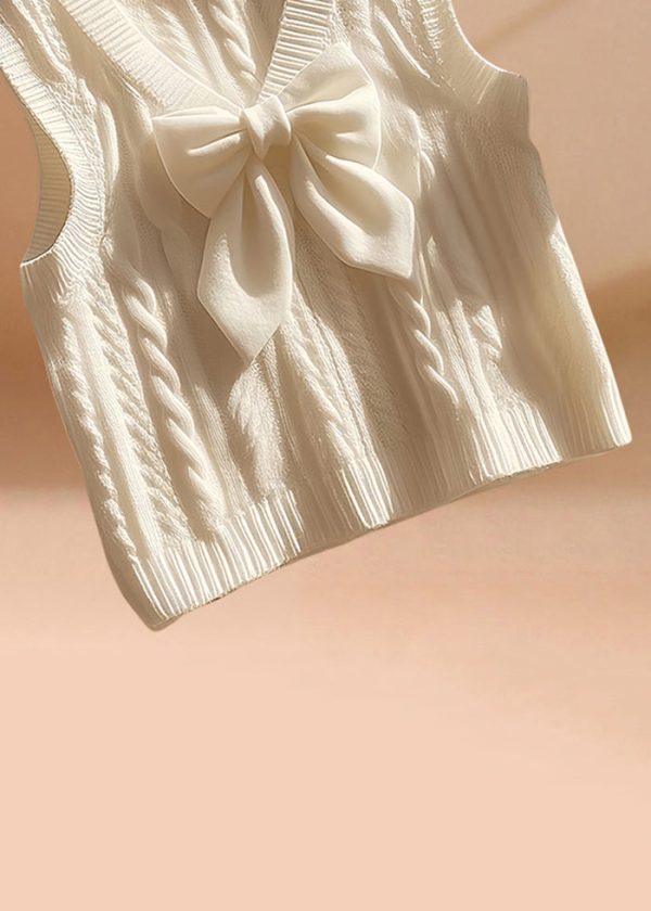 Art Beige V Neck Bow Cozy Knit Waistcoat Sleeveless Online - Image 4