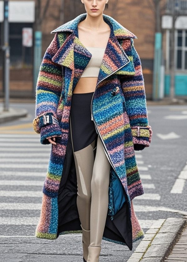 Boutique Multicolor Striped Oversized Thick Woolen Coats Fall Fashion - Image 3