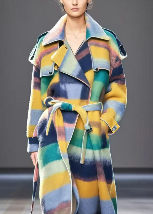 Boutique Multicolor Tie Waist Warm Woolen Trench Fall Sale - Image 2