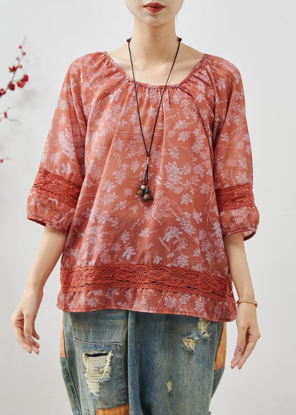 Art Red Print Patchwork Lace Cotton Shirt Summer Online Sale - Image 2