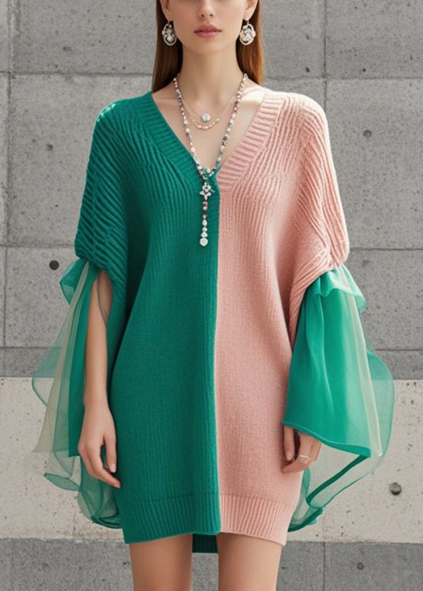 Fashion Colorblock Asymmetrical Patchwork Tulle Knit Dress Fall Discount