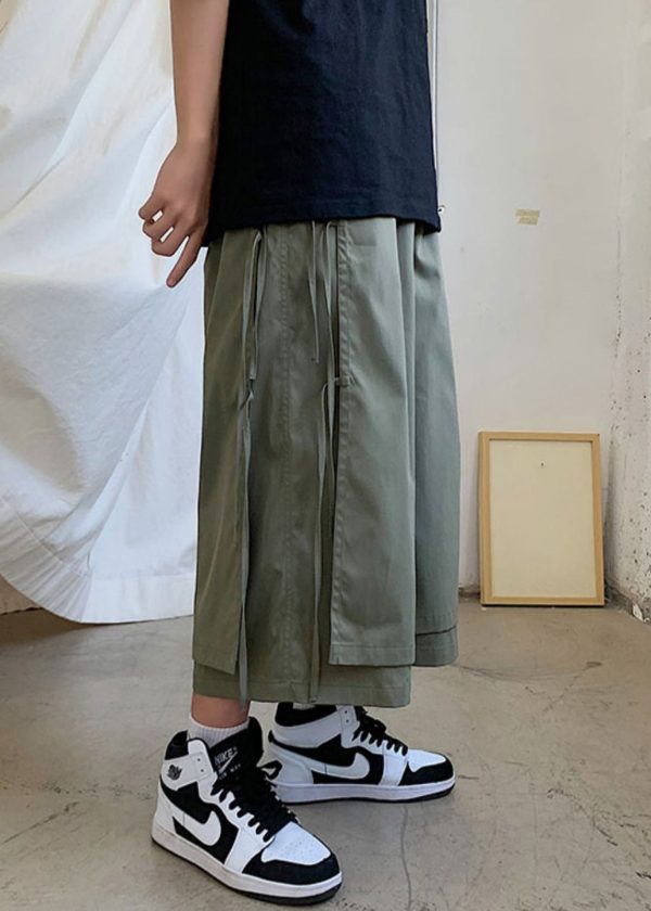 Army Green Pockets Patchwork Cotton Men Wide Leg Pants High Waist For Sale - Image 5