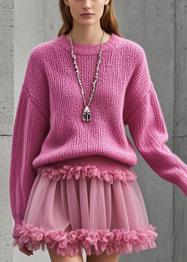 Stylish Rose Ruffled Patchwork Tulle Knit Sweater Dress Fall Online now - Image 5