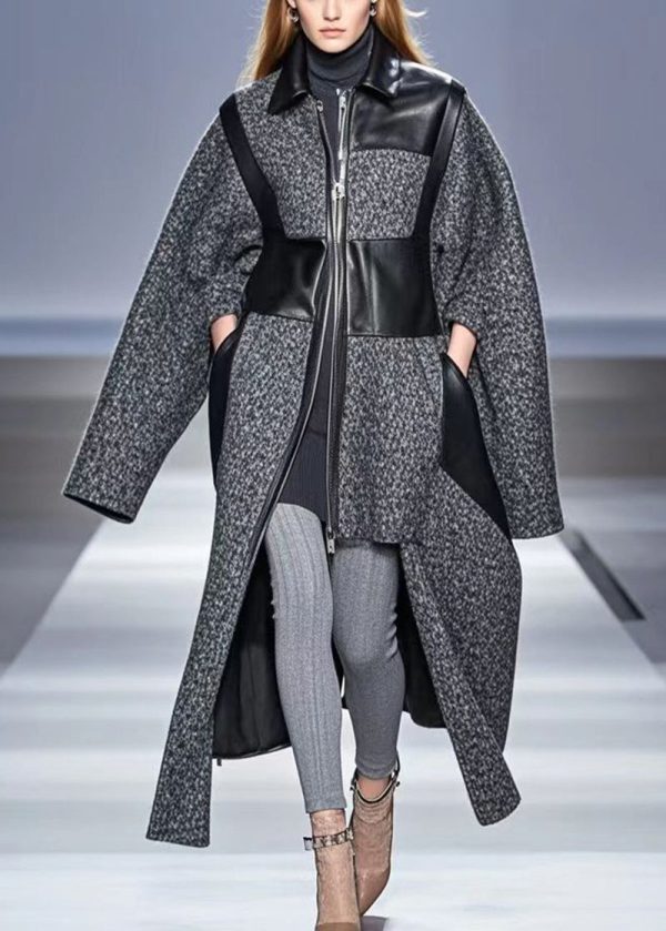 Art Grey Asymmetrical Patchwork Woolen Coats Fall Online Hot Sale