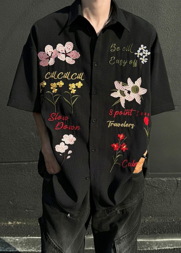 Black Button Cotton Mens Shirts Peter Pan Collar Summer Online Hot Sale