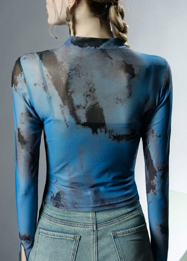 Chic Blue Stand Collar Asymmetrical Print Tulle Tops Fall Supply - Image 5