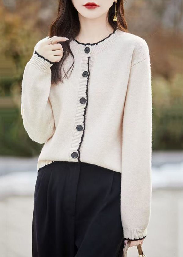 Classy Beige O Neck Button Wool Knit Cardigans Fall Cheap - Image 5