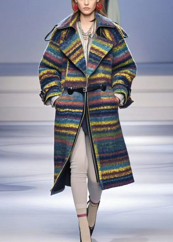 Elegant Multicolor Oversized Striped Woolen Trench Fall Sale - Image 5