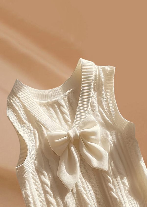 Art Beige V Neck Bow Cozy Knit Waistcoat Sleeveless Online - Image 3