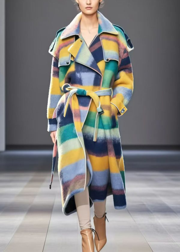 Boutique Multicolor Tie Waist Warm Woolen Trench Fall Sale - Image 5