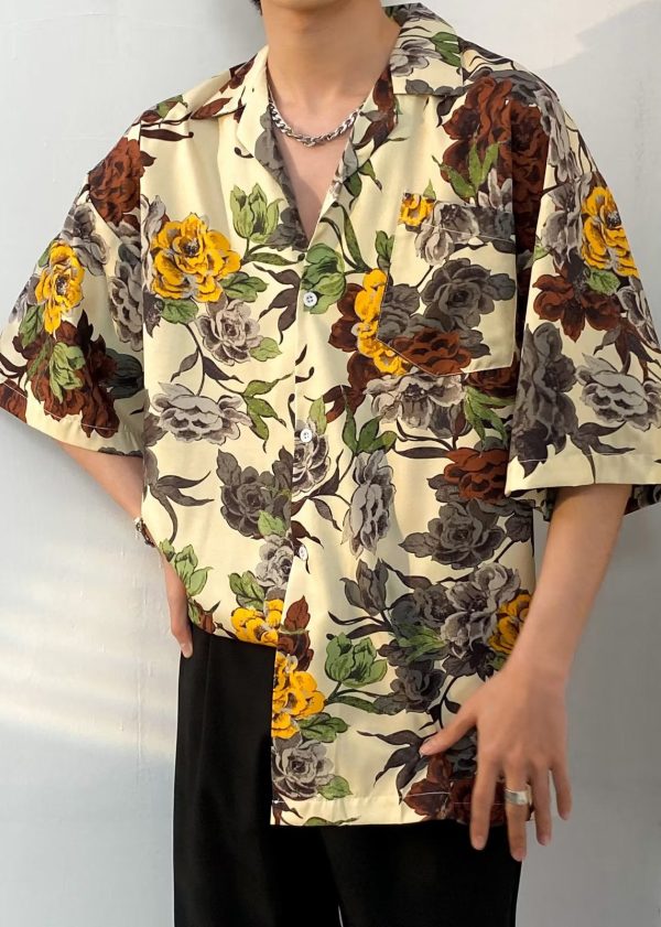 Bohemian Apricot Print Button Cotton Men Shirt Summer Online - Image 4