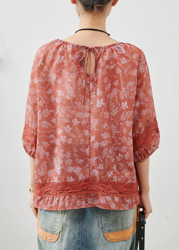Art Red Print Patchwork Lace Cotton Shirt Summer Online Sale - Image 4