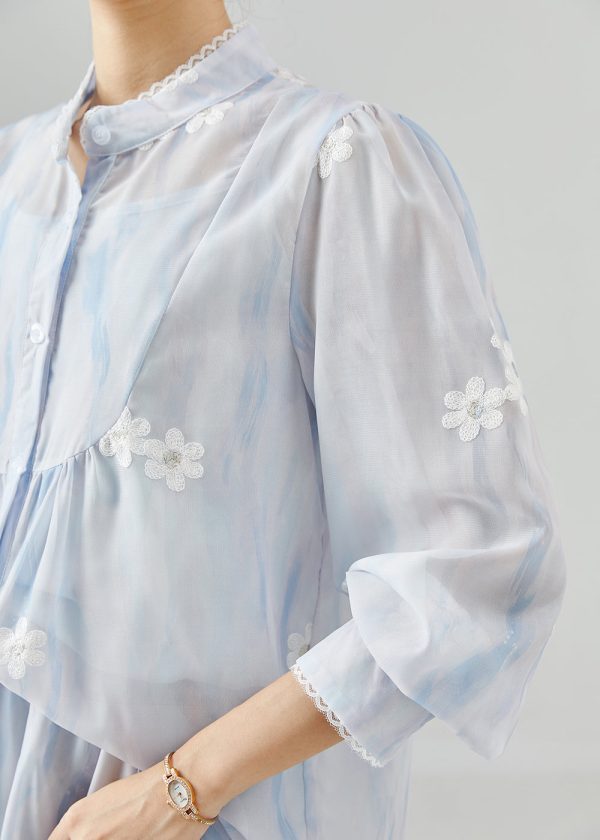 Women Sky Blue Embroidered Chiffon Two Pieces Set Summer Online - Image 5