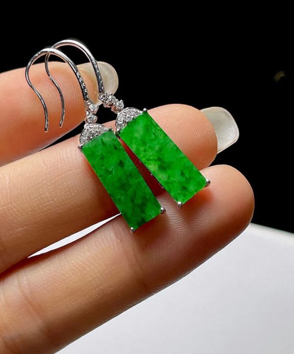 Art Green Sterling Silver Inlaid Zircon Rectangular Jade Drop Earrings Cheap