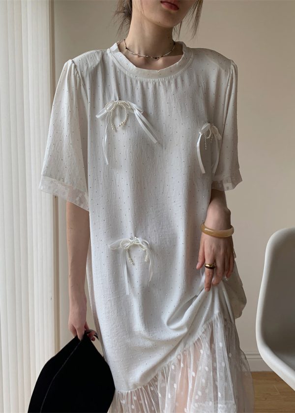 White Bow Tulle Patchwork Cotton Summer Long Dress O Neck Online - Image 4