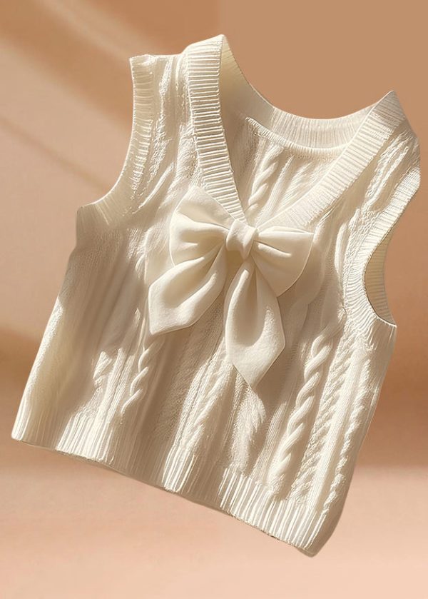 Art Beige V Neck Bow Cozy Knit Waistcoat Sleeveless Online - Image 2