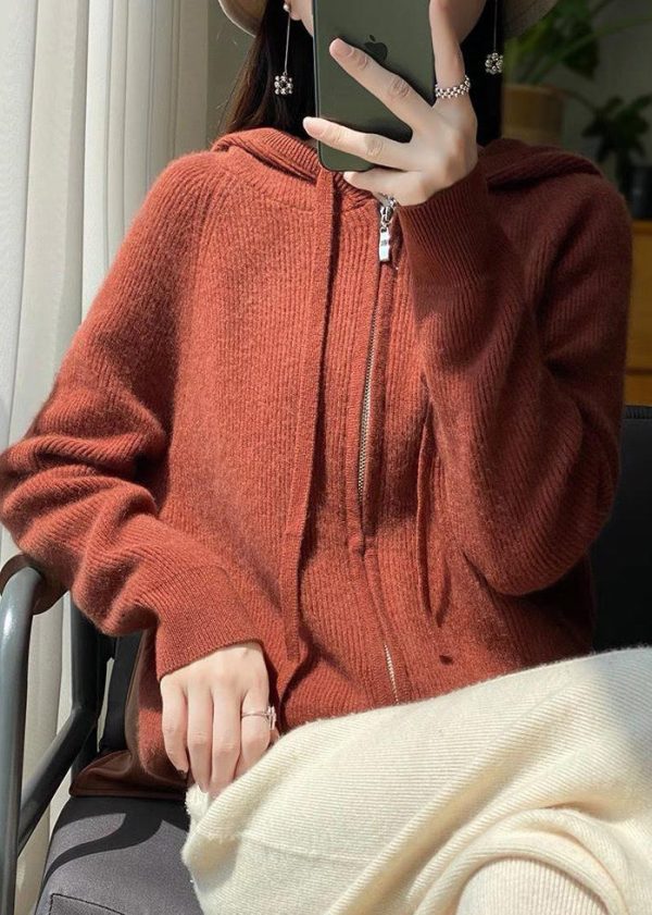 Elegant Pink Hooded Zip Up Wool Knit Coat Fall Hot on Sale - Image 4
