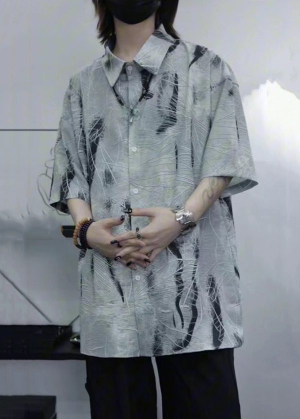 Art Grey Peter Pan Collar Print Cotton Men Shirt Summer Sale - Image 4