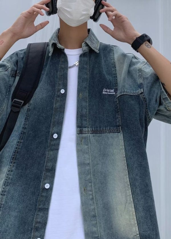 Style Blue Peter Pan Collar Patchwork Denim Men Shirts Summer Supply - Image 5