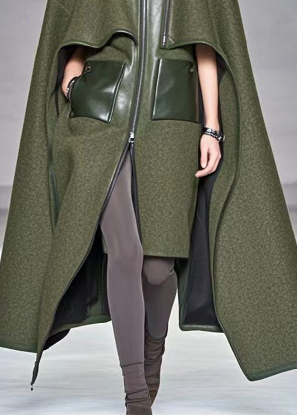 Bohemian Army Green Asymmetrical Patchwork Woolen Coats Fall on Sale - Image 4