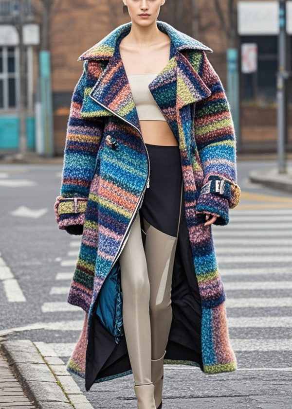 Boutique Multicolor Striped Oversized Thick Woolen Coats Fall Fashion - Image 5
