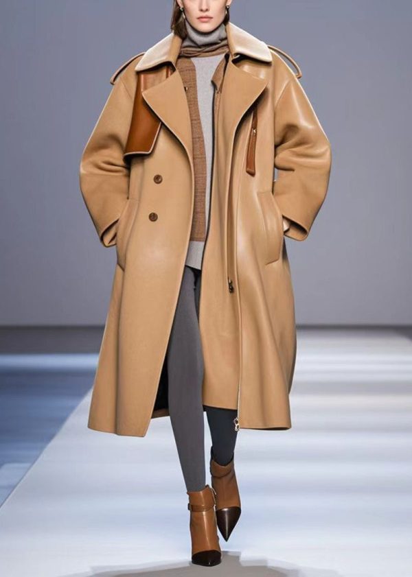 Modern Khaki Oversized Patchwork Faux Leather Coat Outwear Fall Online now - Image 5