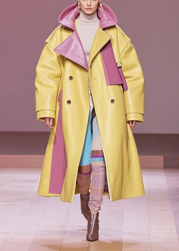 Bohemian Yellow Hooded Patchwork Faux Leather Trenchs Fall For Sale - Image 3