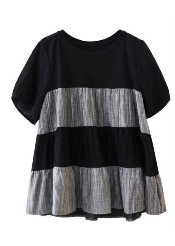Handmade Black O-Neck Wrinkled Patchwork Top Short Sleeve Fashion - Image 5