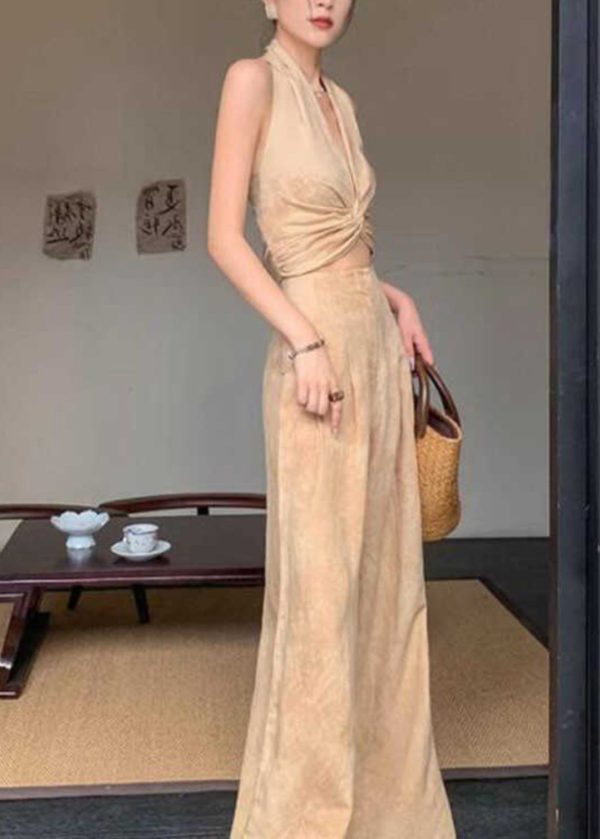 Original Design Halter Print Wrinkled Vest And Wide Leg Pants Two Pieces Set Sleeveless Online Sale - Image 4