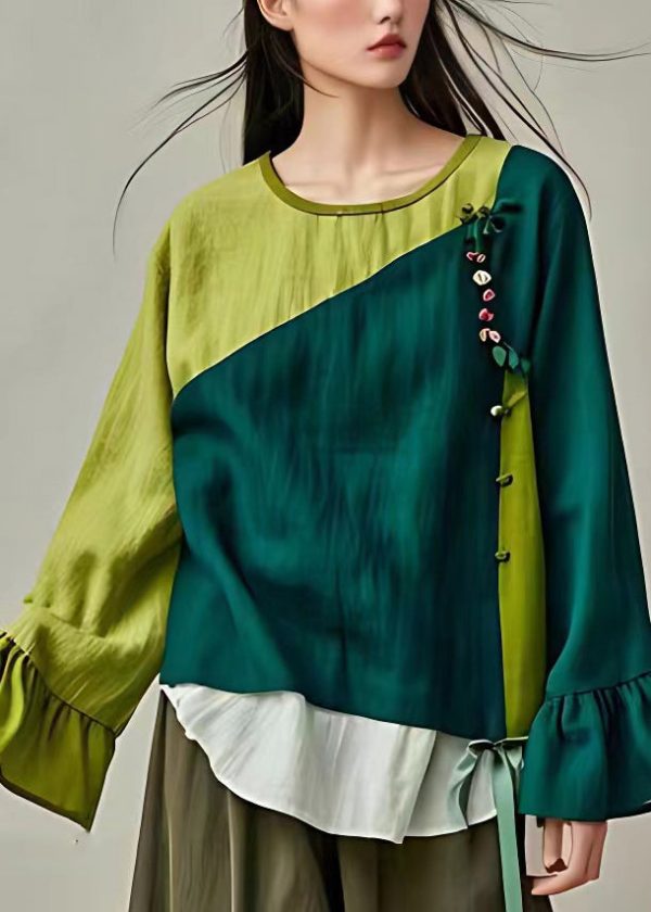 Fashion Green O-Neck Patchwork Floral Bow Shirt Flare Sleeve Online - Image 3