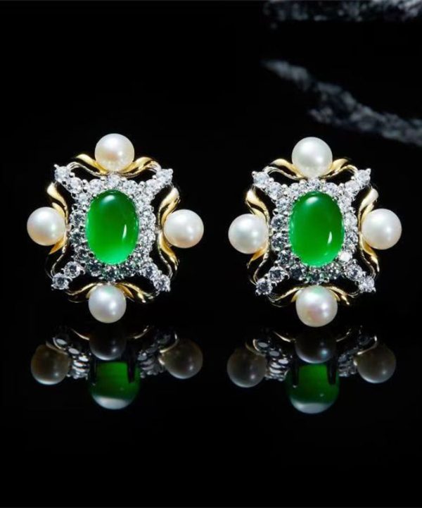Fashion Green Sterling Silver Overgild Zircon Jade Pearl Stud Earrings Fashion