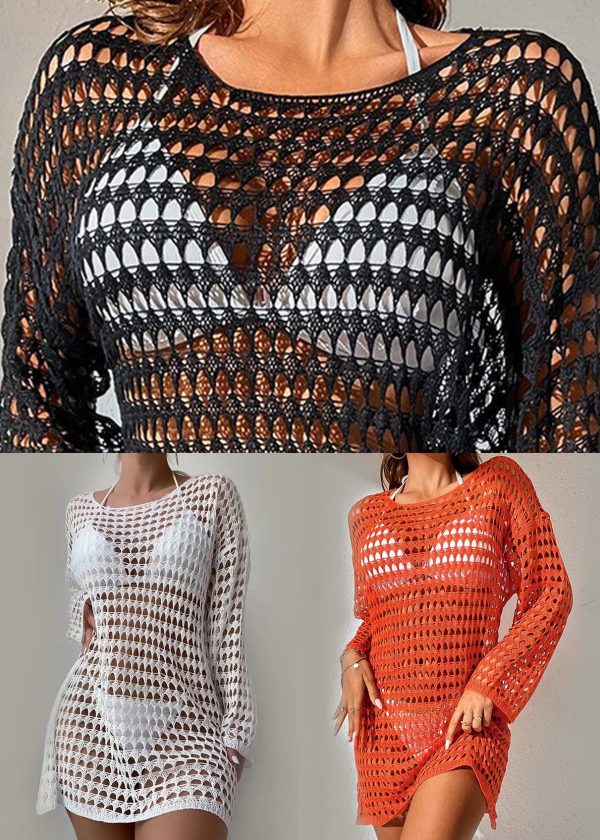 Sexy White O-Neck Hollow Out Knit Top Long Sleeve Cheap - Image 5