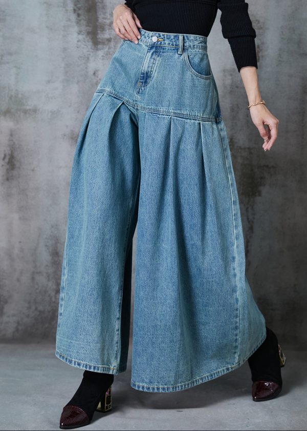 Elegant Blue High Waist Patchwork Denim Wide Leg Pant Skirts Summer Fashion - Image 2