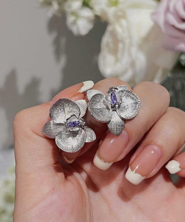 Fine Purple Sterling Silver Crystal Butterfly Orchid Stud Earrings Online - Image 4