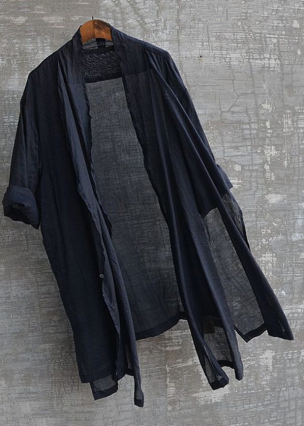 Chinese Styl Coffee V Neck Side Open Linen Shirt Long Sleeve Online Hot Sale - Image 4